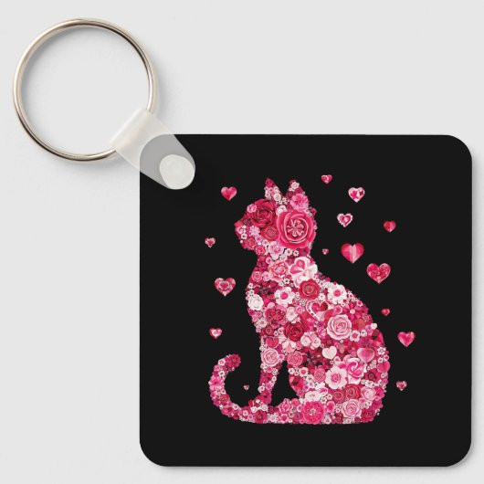 Floral Cat Silhouette Art Sleutelhanger (Voorkant)