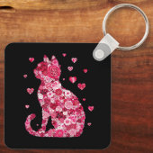 Floral Cat Silhouette Art Sleutelhanger (Achterkant)