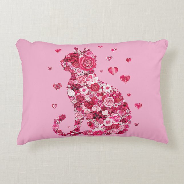 Floral Cat Silhouette ArtFaux Ingepakt Canvas Prin Accent Kussen (Voorkant)