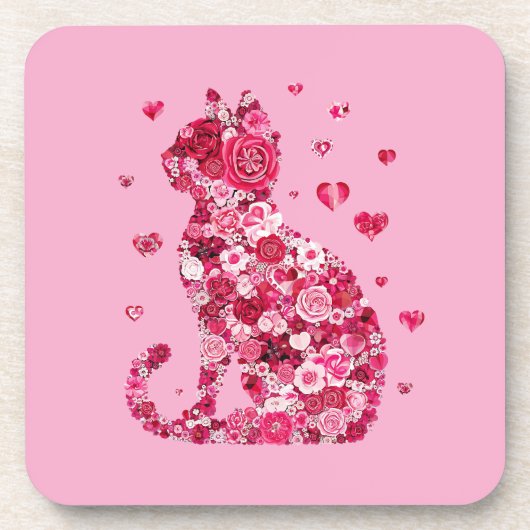 Floral Cat Silhouette ArtFaux Ingepakt Canvas Prin Bier Onderzetter (Voorkant)