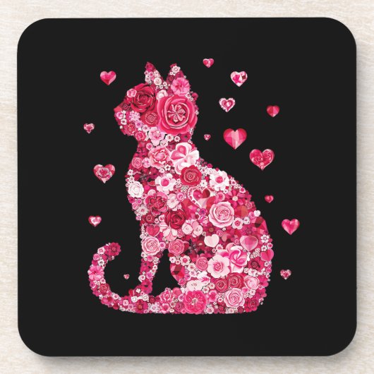 Floral Cat Silhouette ArtFaux Ingepakt Canvas Prin Bier Onderzetter (Voorkant)