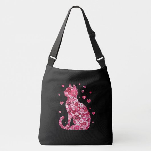 Floral Cat Silhouette ArtFaux Ingepakt Canvas Prin Crossbody Tas (Voorkant)