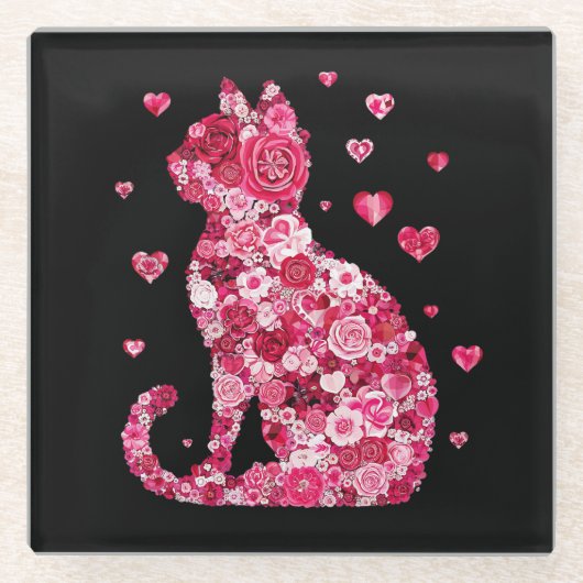 Floral Cat Silhouette ArtFaux Ingepakt Canvas Prin Glazen Onderzetter (Voorkant)