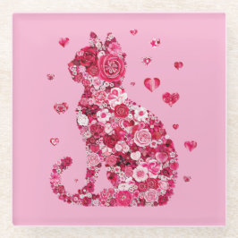 Floral Cat Silhouette ArtFaux Ingepakt Canvas Prin Glazen Onderzetter