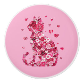 Floral Cat Silhouette ArtFaux Ingepakt Canvas Prin Keramische Knop