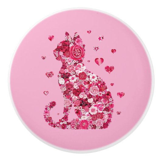 Floral Cat Silhouette ArtFaux Ingepakt Canvas Prin Keramische Knop (Voorkant)