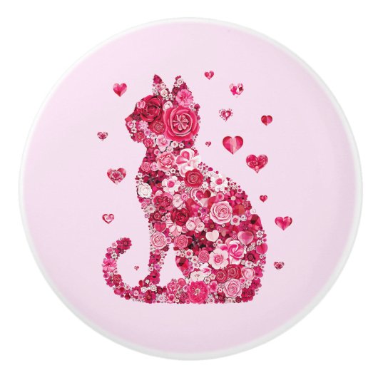 Floral Cat Silhouette ArtFaux Ingepakt Canvas Prin Keramische Knop (Voorkant)
