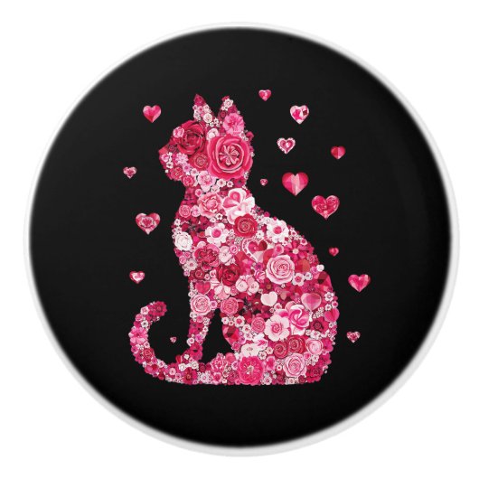 Floral Cat Silhouette ArtFaux Ingepakt Canvas Prin Keramische Knop (Voorkant)