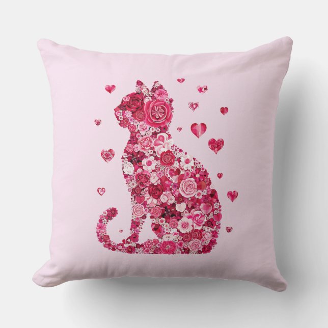 Floral Cat Silhouette ArtFaux Ingepakt Canvas Prin Kussen (Voorkant)