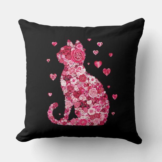 Floral Cat Silhouette ArtFaux Ingepakt Canvas Prin Kussen (Voorkant)