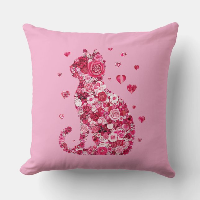 Floral Cat Silhouette ArtFaux Ingepakt Canvas Prin Kussen (Voorkant)