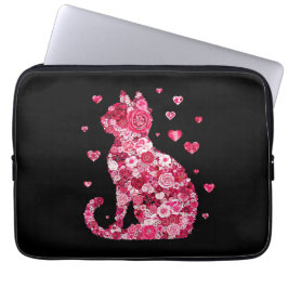 Floral Cat Silhouette ArtFaux Ingepakt Canvas Prin Laptop Sleeve
