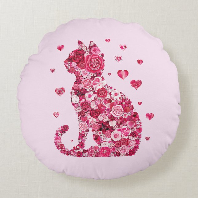 Floral Cat Silhouette ArtFaux Ingepakt Canvas Prin Rond Kussen (Voorkant)