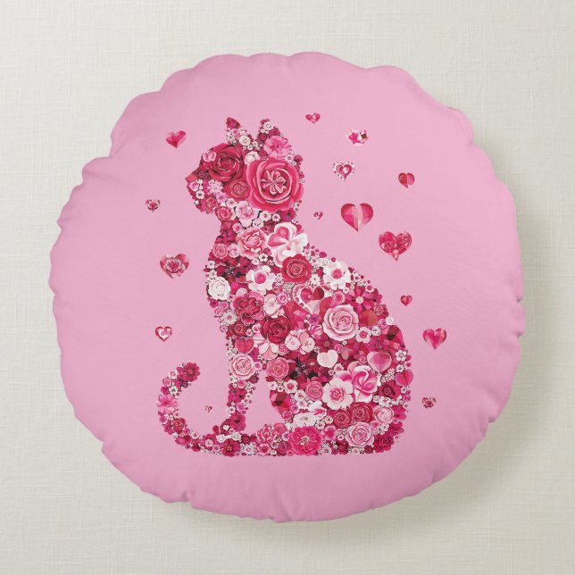 Floral Cat Silhouette ArtFaux Ingepakt Canvas Prin Rond Kussen (Voorkant)
