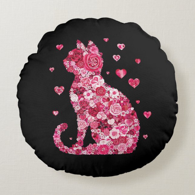 Floral Cat Silhouette ArtFaux Ingepakt Canvas Prin Rond Kussen (Voorkant)