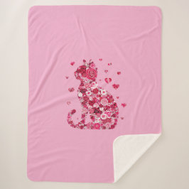 Floral Cat Silhouette ArtFaux Ingepakt Canvas Prin Sherpa Deken