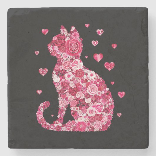 Floral Cat Silhouette ArtFaux Ingepakt Canvas Prin Stenen Onderzetter (Voorkant)