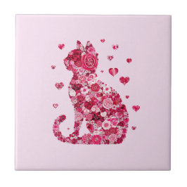 Floral Cat Silhouette ArtFaux Ingepakt Canvas Prin Tegeltje
