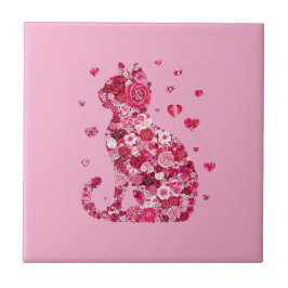 Floral Cat Silhouette ArtFaux Ingepakt Canvas Prin Tegeltje