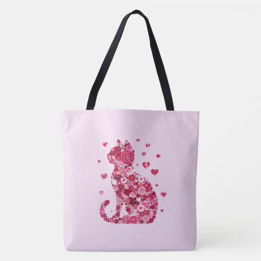 Floral Cat Silhouette ArtFaux Ingepakt Canvas Prin Tote Bag (Voorkant)