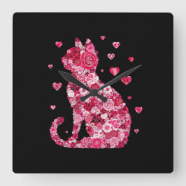 Floral Cat Silhouette ArtFaux Ingepakt Canvas Prin Vierkante Klok