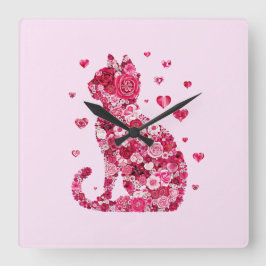 Floral Cat Silhouette ArtFaux Ingepakt Canvas Prin Vierkante Klok