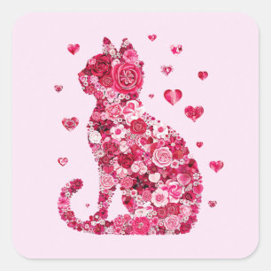 Floral Cat Silhouette ArtFaux Ingepakt Canvas Prin Vierkante Sticker
