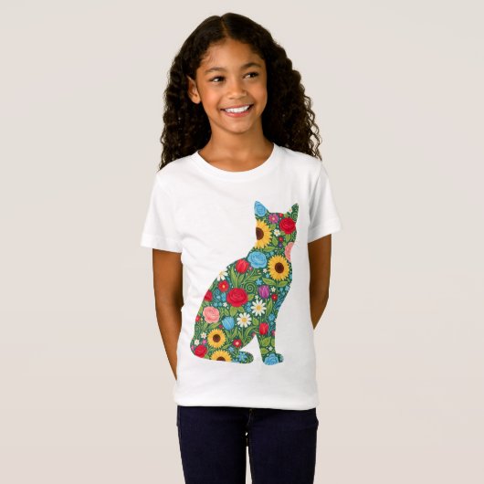 Floral Cat Silhouette Bloom Pattern T-shirt (Voorkant volledig)