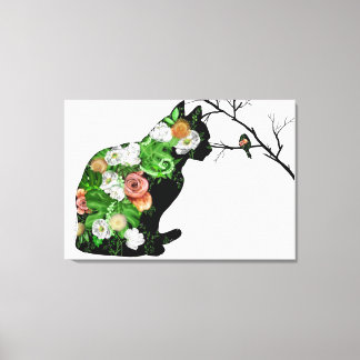 Floral Cat Silhouette Canvas Afdruk