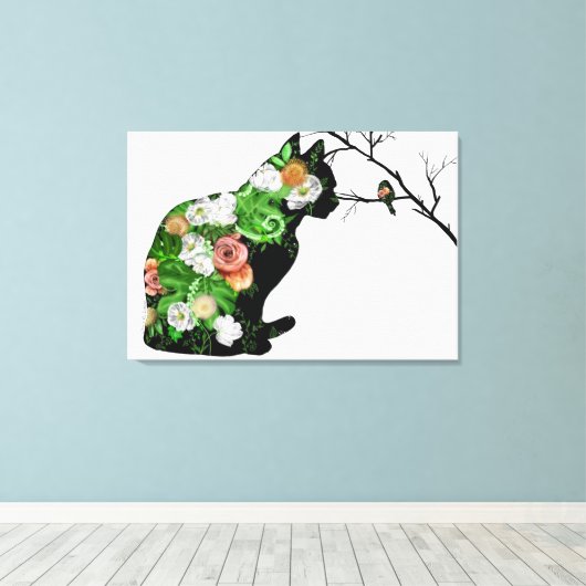 Floral Cat Silhouette Canvas Afdruk (Insitu (Houten vloer))