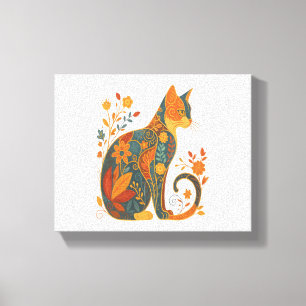Floral Cat Silhouette – Kleurrijke Botanische Canvas Afdruk