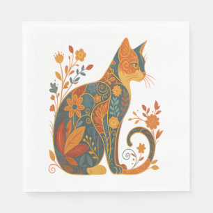 Floral Cat Silhouette – Kleurrijke Botanische Servet