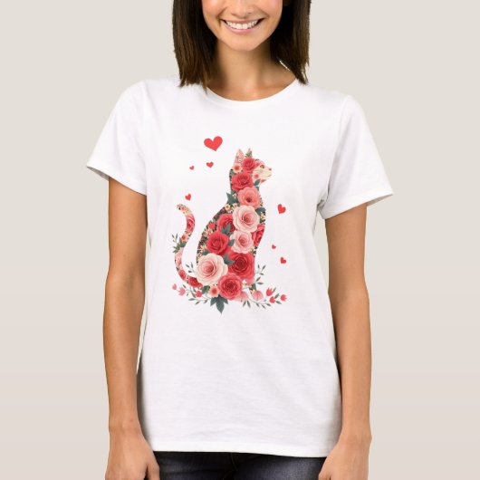 Floral Cat Silhouette Roses Hearts Love T-shirt (Voorkant)