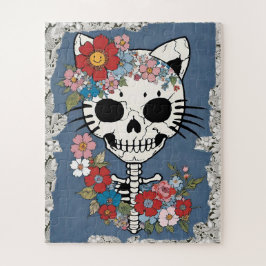 Floral Cat Skelet met Kant en Denim Legpuzzel