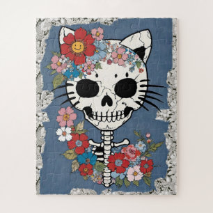 Floral Cat Skelet met Kant en Denim Legpuzzel