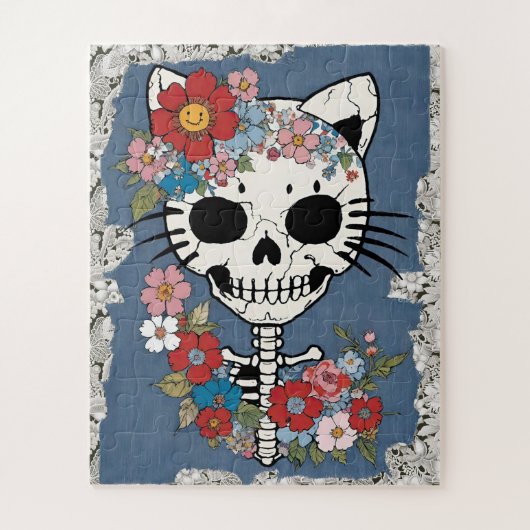 Floral Cat Skelet met Kant en Denim Legpuzzel (Verticaal)