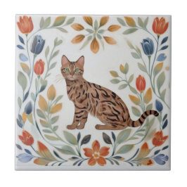 Floral Cats - Bengal Cat Colorful Folk Flowers Tegeltje