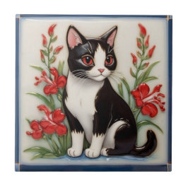 Floral Cats - Black and White Cat & Red Flowers Tegeltje