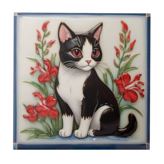Floral Cats - Black and White Cat & Red Flowers Tegeltje (Voorkant)