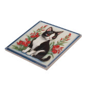 Floral Cats - Black and White Cat & Red Flowers Tegeltje (Zijkant)