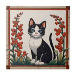 Floral Cats - Black & White Cat Red Flower Garden Tegeltje