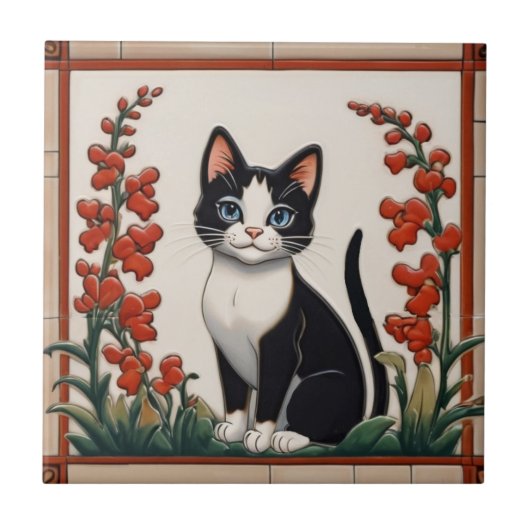 Floral Cats - Black & White Cat Red Flower Garden Tegeltje (Voorkant)