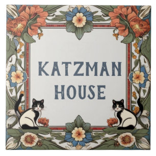 Floral Cats Custom House Name Bord Teken Plaque Tegeltje