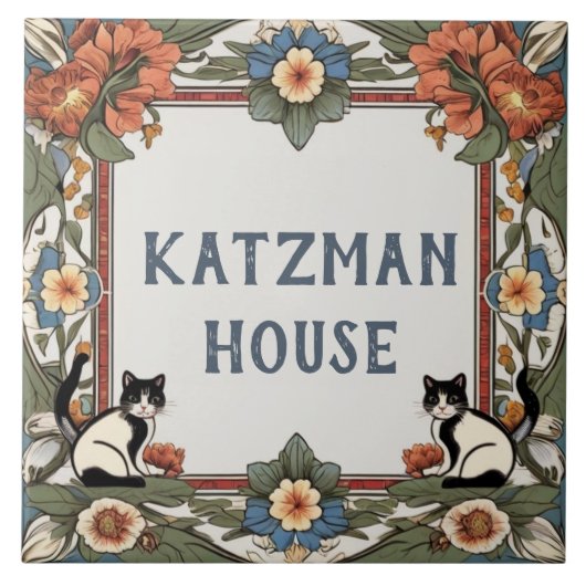 Floral Cats Custom House Name Bord Teken Plaque Tegeltje (Voorkant)