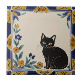 Floral Cats - Cute Black Cat & Orange Flowers Tegeltje