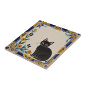 Floral Cats - Cute Black Cat & Orange Flowers Tegeltje (Zijkant)