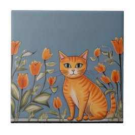 Floral Cats - Ginger Cat & Orange Flowers Cartoon Tegeltje