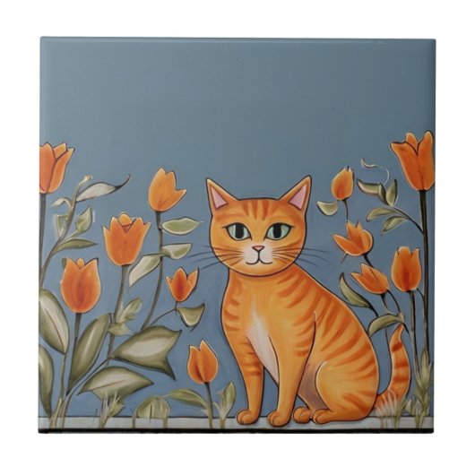 Floral Cats - Ginger Cat & Orange Flowers Cartoon Tegeltje (Voorkant)