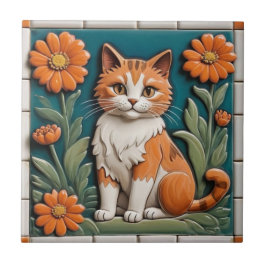 Floral Cats - Ginger Cat & Orange Flowers Garden Tegeltje