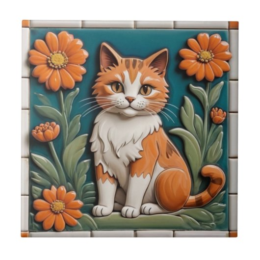 Floral Cats - Ginger Cat & Orange Flowers Garden Tegeltje (Voorkant)